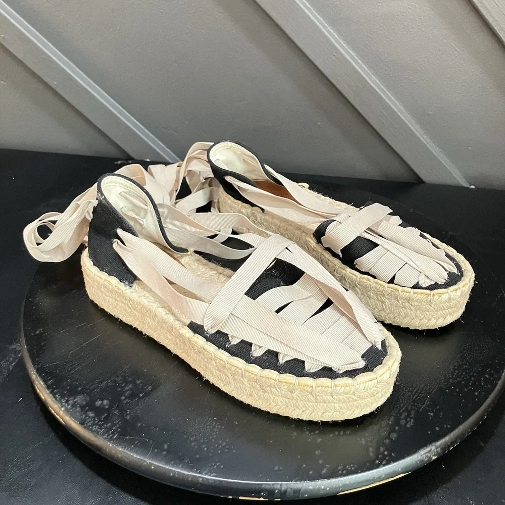 Free People Womens Size 7 EU 37 Espadrille Lace Up Ribbon Sandals Black Beige